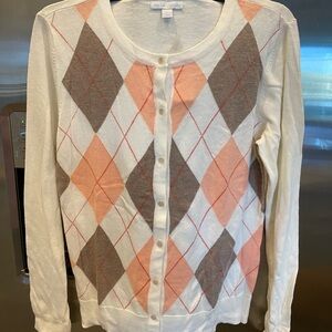 New York & Company Cream and Pink Argyle Cardigan